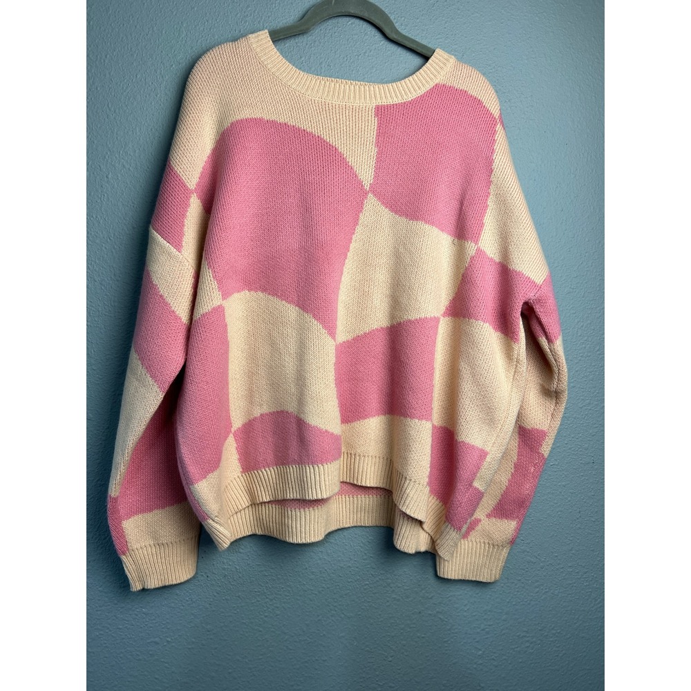 Altar'd State Pink Cream Checkered Oversize Knit Sweater Cozy XS Relaxed Slouchy